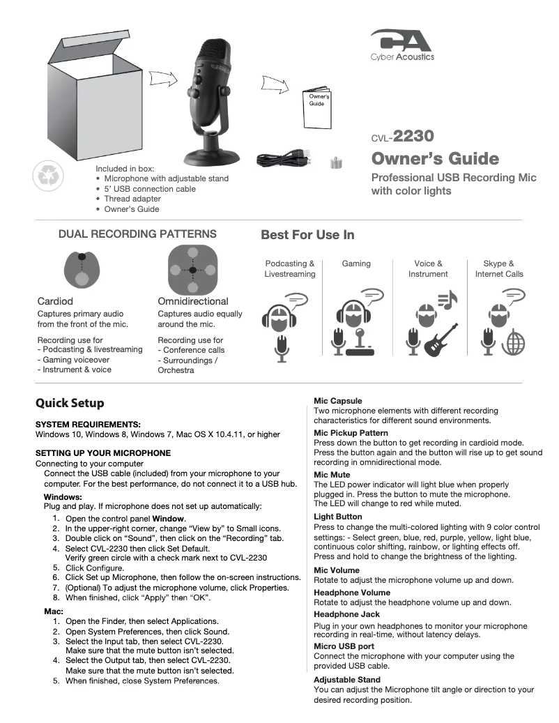 Page n°1 - Manuel utilisateur Cyber Acoustics CVL-2230