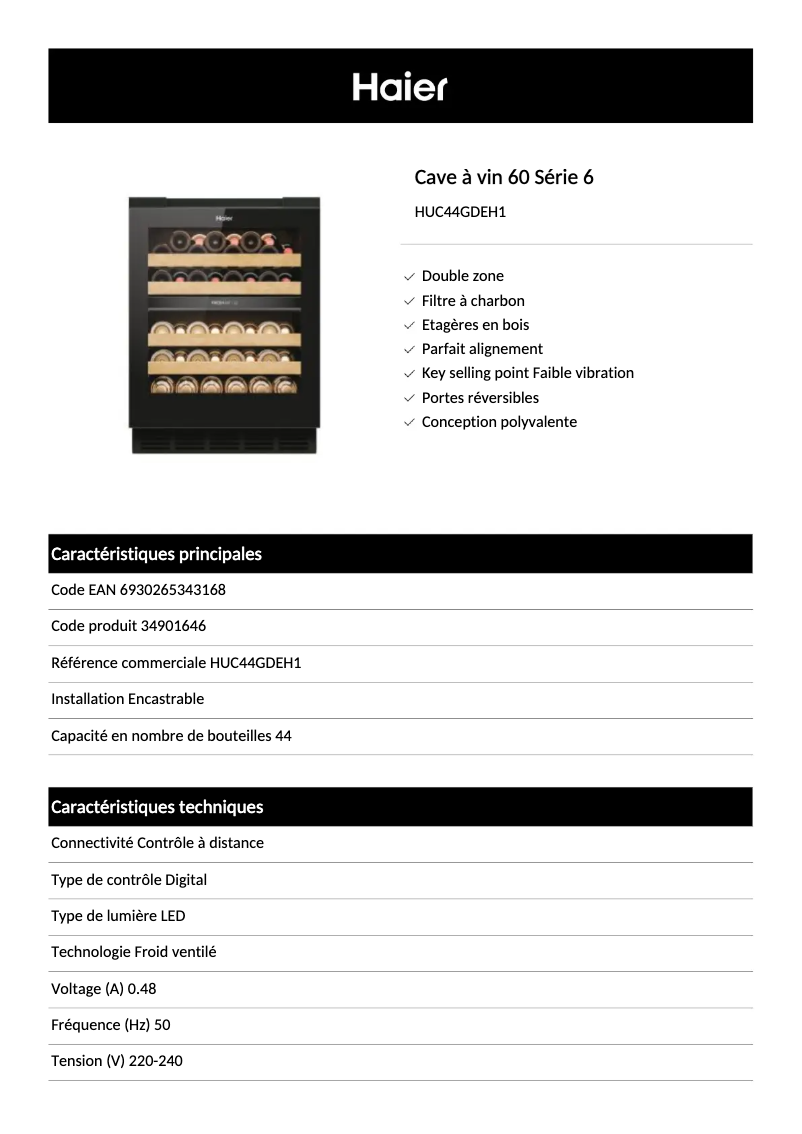 Page 1 de la notice Fiche technique Haier HUC44GDEH1