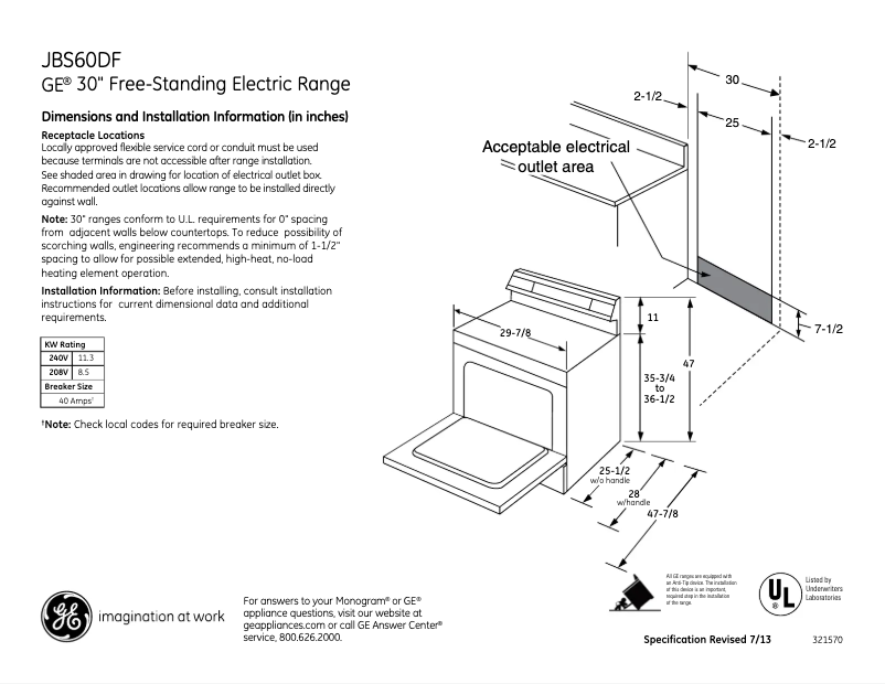 Page 1 of the manual Technical Sheet GE JBS60DFBB