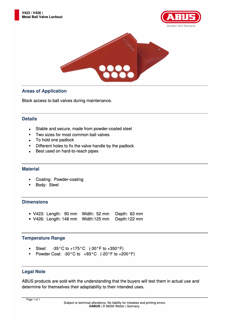 Page n°1 - Fiche technique Abus V423