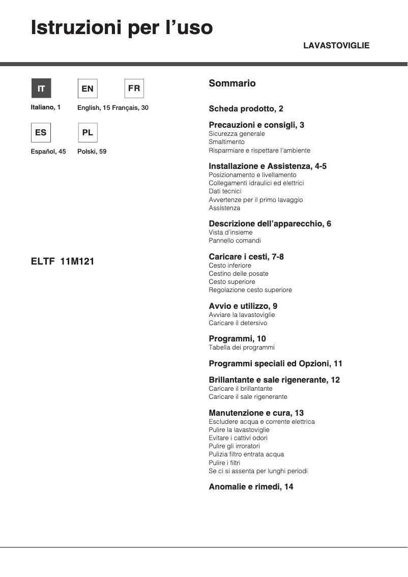 Page 1 de la notice Manuel utilisateur Hotpoint ELTF 11M121 C