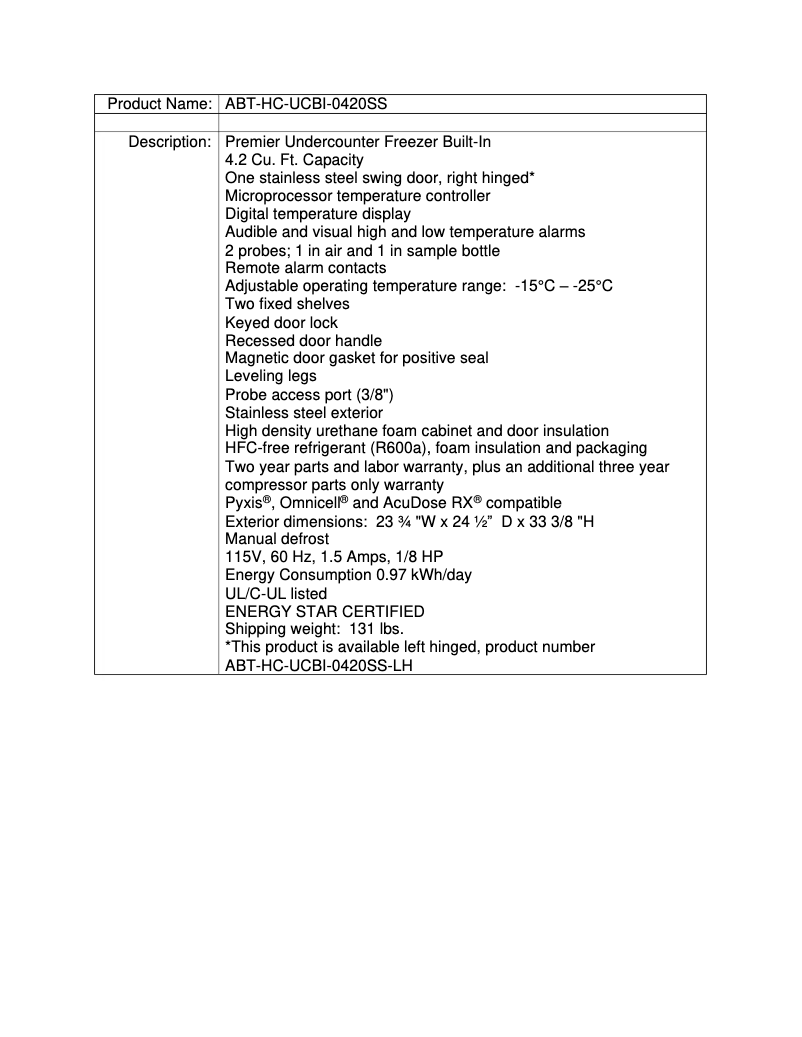 Page 1 de la notice Fiche technique American BioTech Supply ABT-HC-UCBI-0420SS