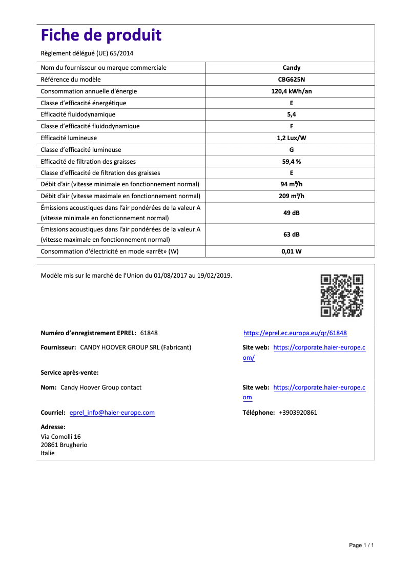 Page n°1 - Manuel utilisateur Candy CBG625N