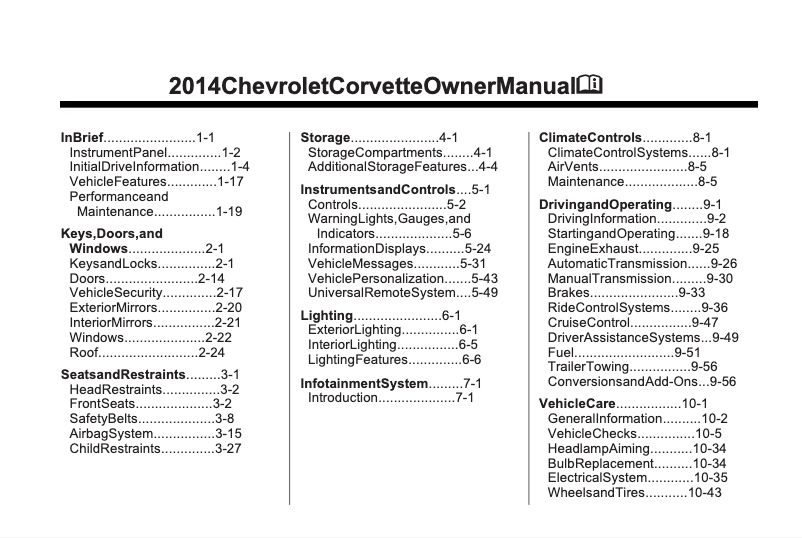 Image de la première page du manuel de l'appareil Corvette Stingray (2014)
