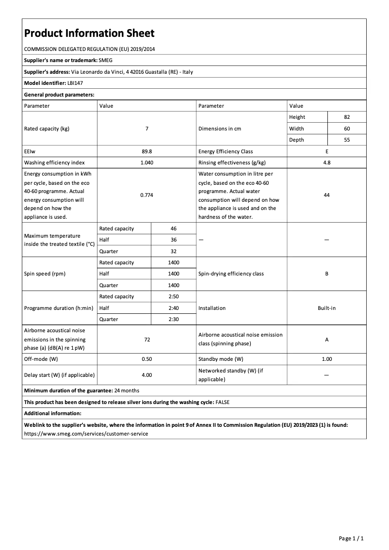 Page 1 de la notice Brochure Smeg LBI147