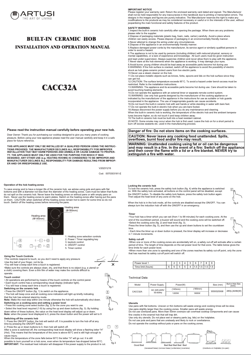 Page 1 de la notice Manuel utilisateur Artusi CACC32