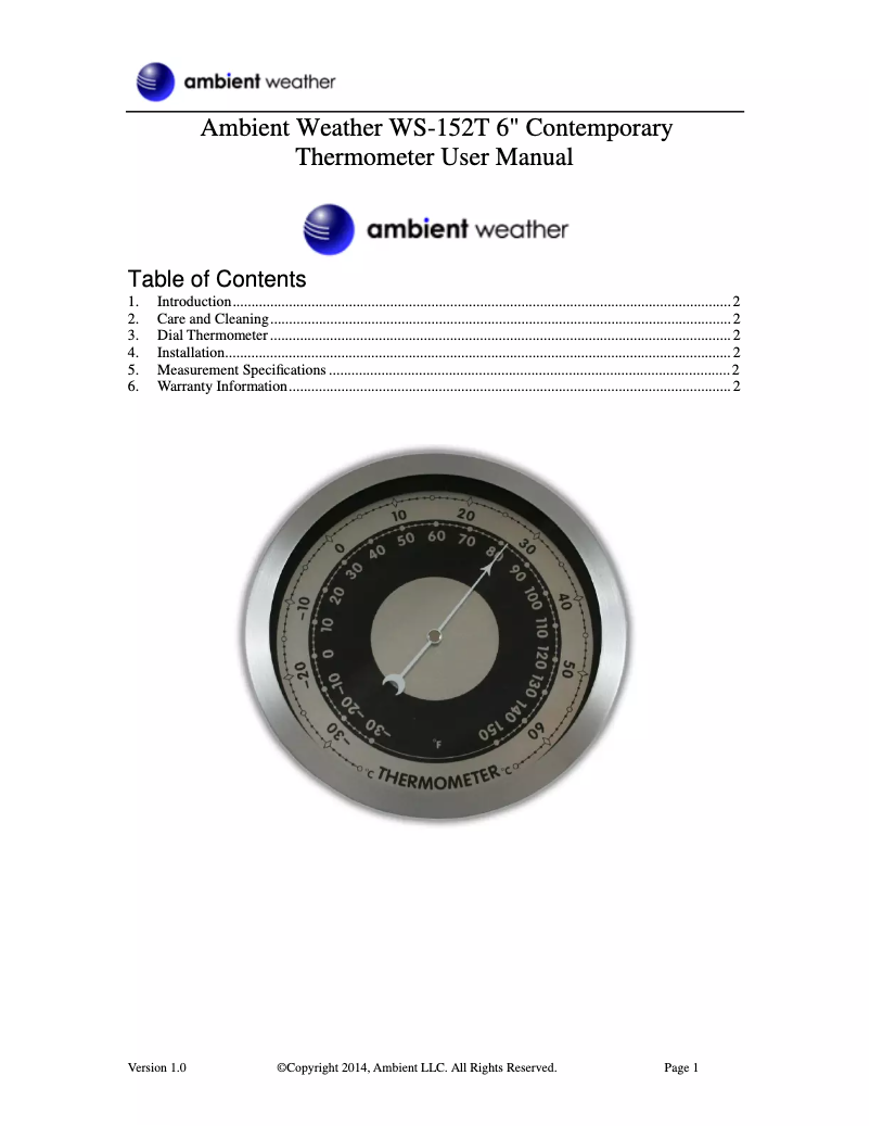 Page n°1 - Manuel utilisateur Ambient Weather WS-152T