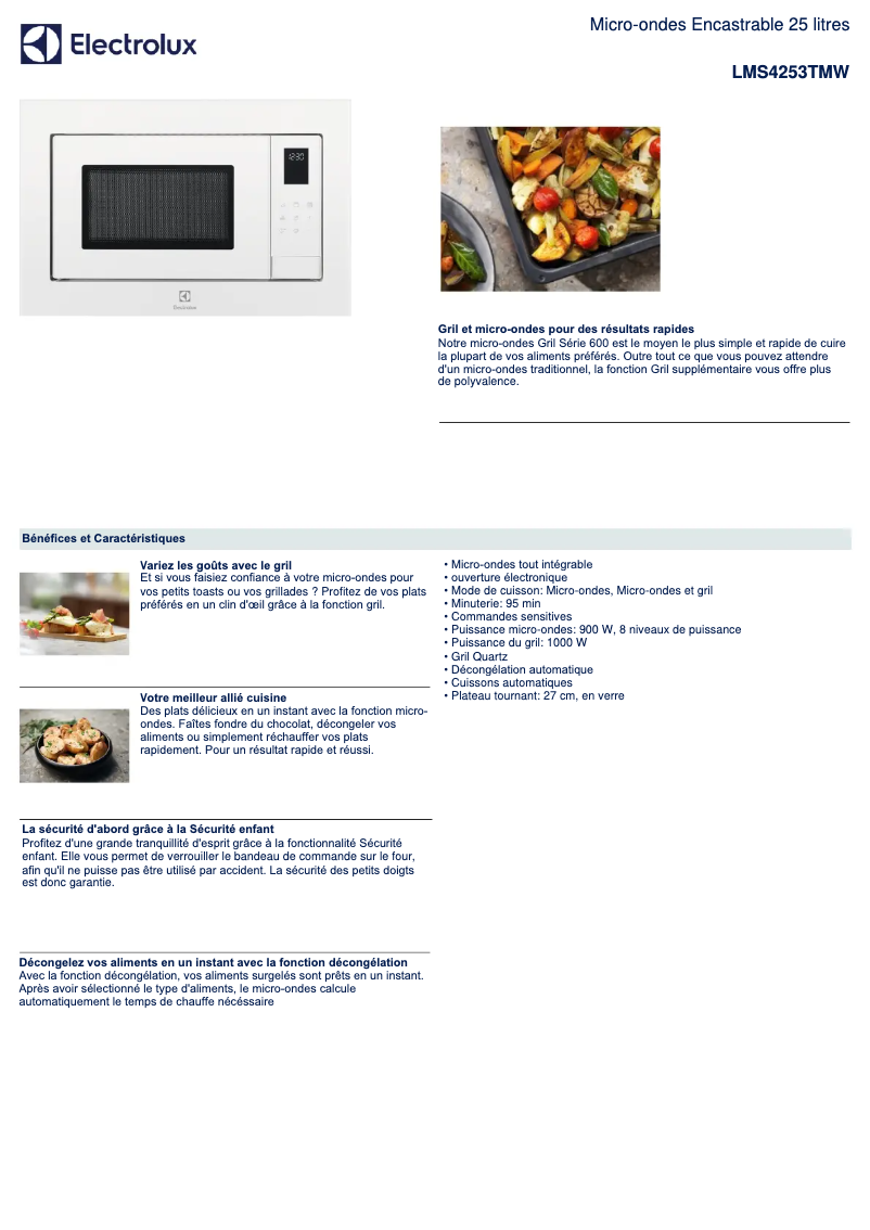 Page 1 de la notice Fiche technique Electrolux LMS4253TMW