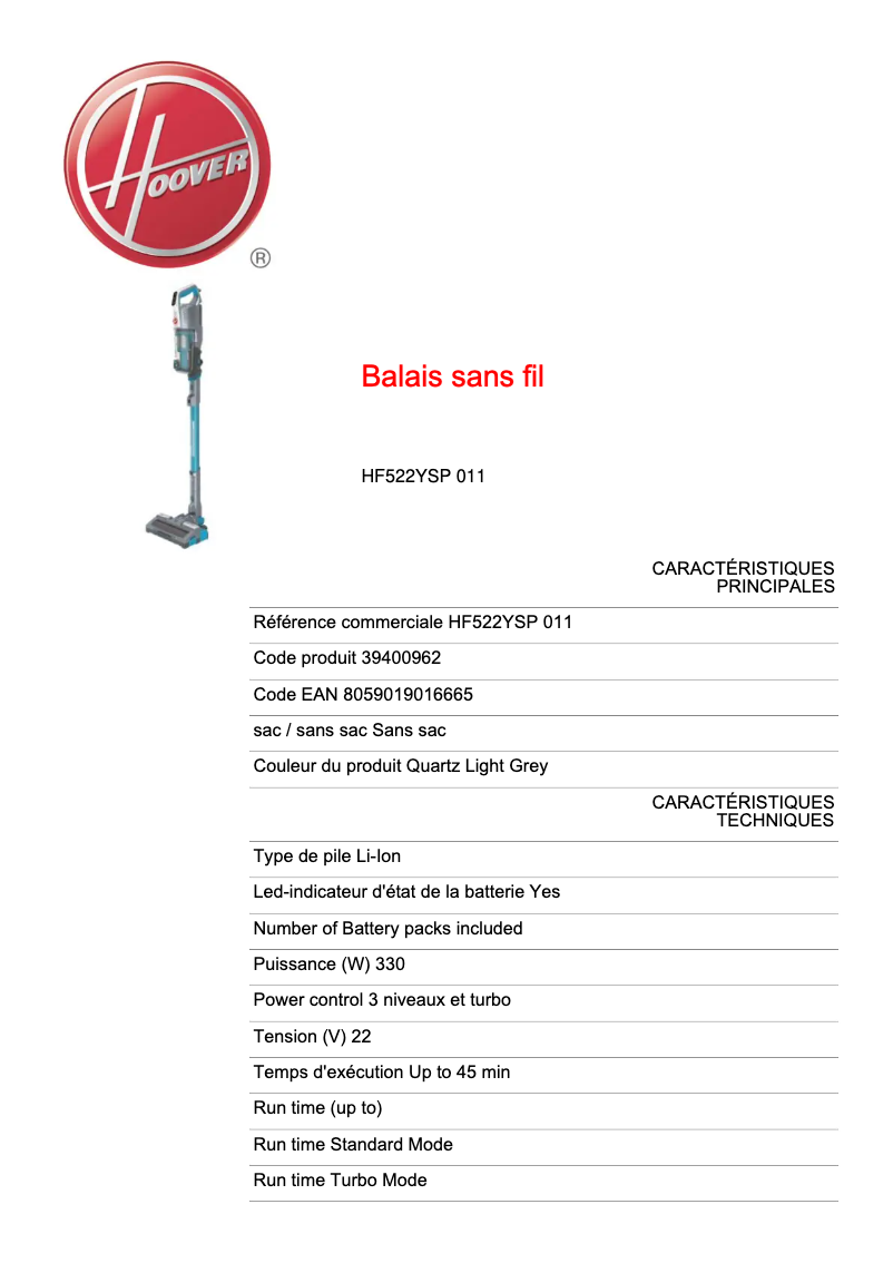 Page 1 of the manual Technical Sheet Hoover H-FREE 500 Hydro Plus HF522YSP 011
