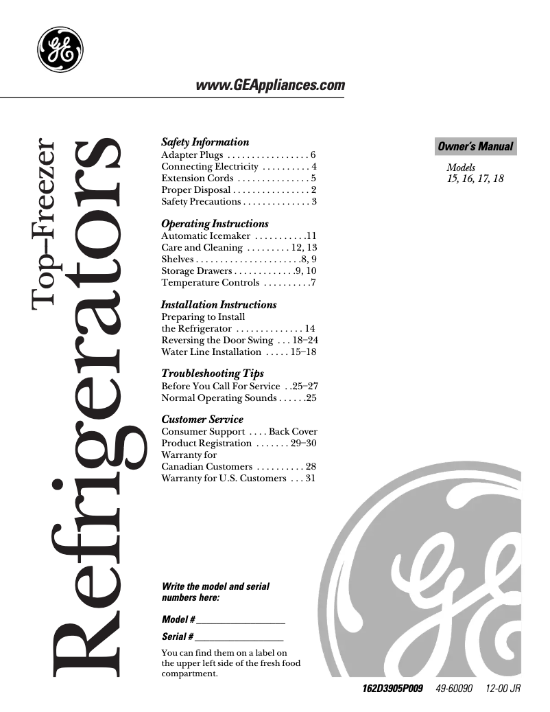 Page n°1 - Manuel d'utilisation et d'entretien GE TBX18IADWW