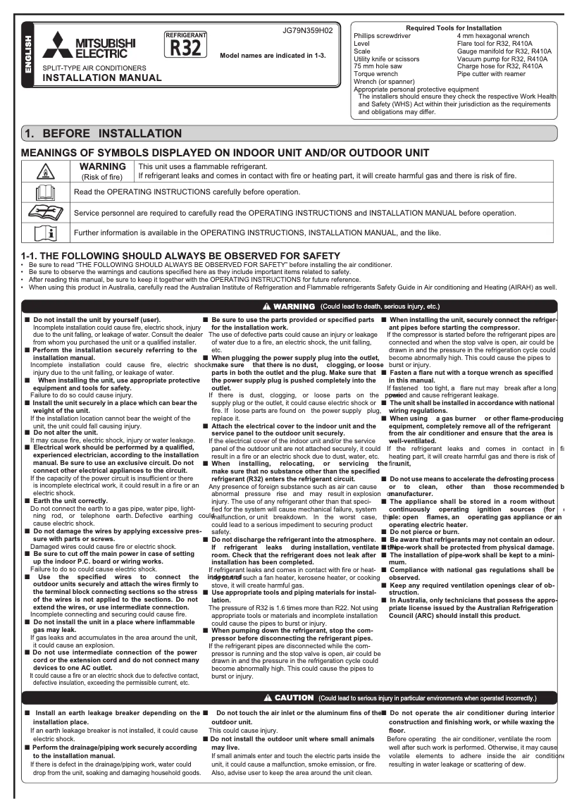 Page 1 de la notice Manuel utilisateur Mitsubishi MSY-GW80VFD-A1