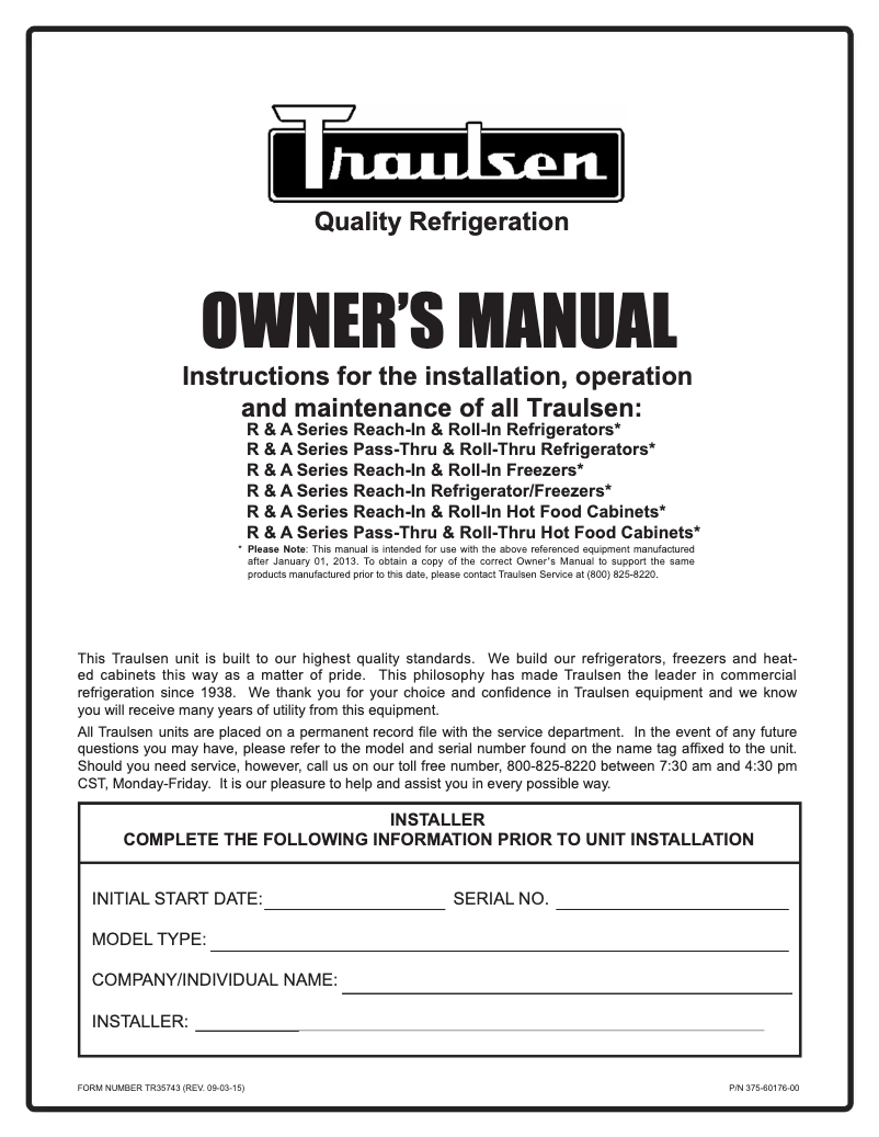 Page n°1 - Manuel utilisateur Traulsen RHT226WUT-HHS
