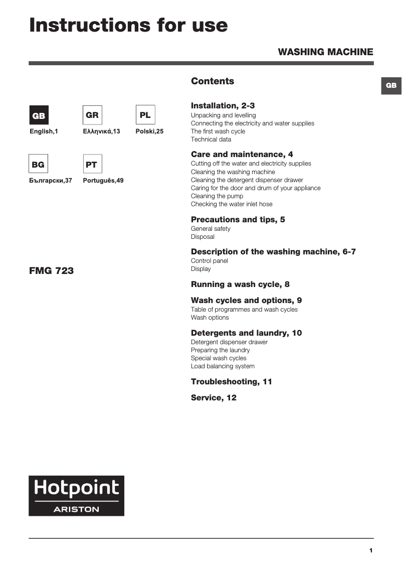 Page n°1 - Manuel utilisateur Hotpoint Ariston FMG 723MB EU.M