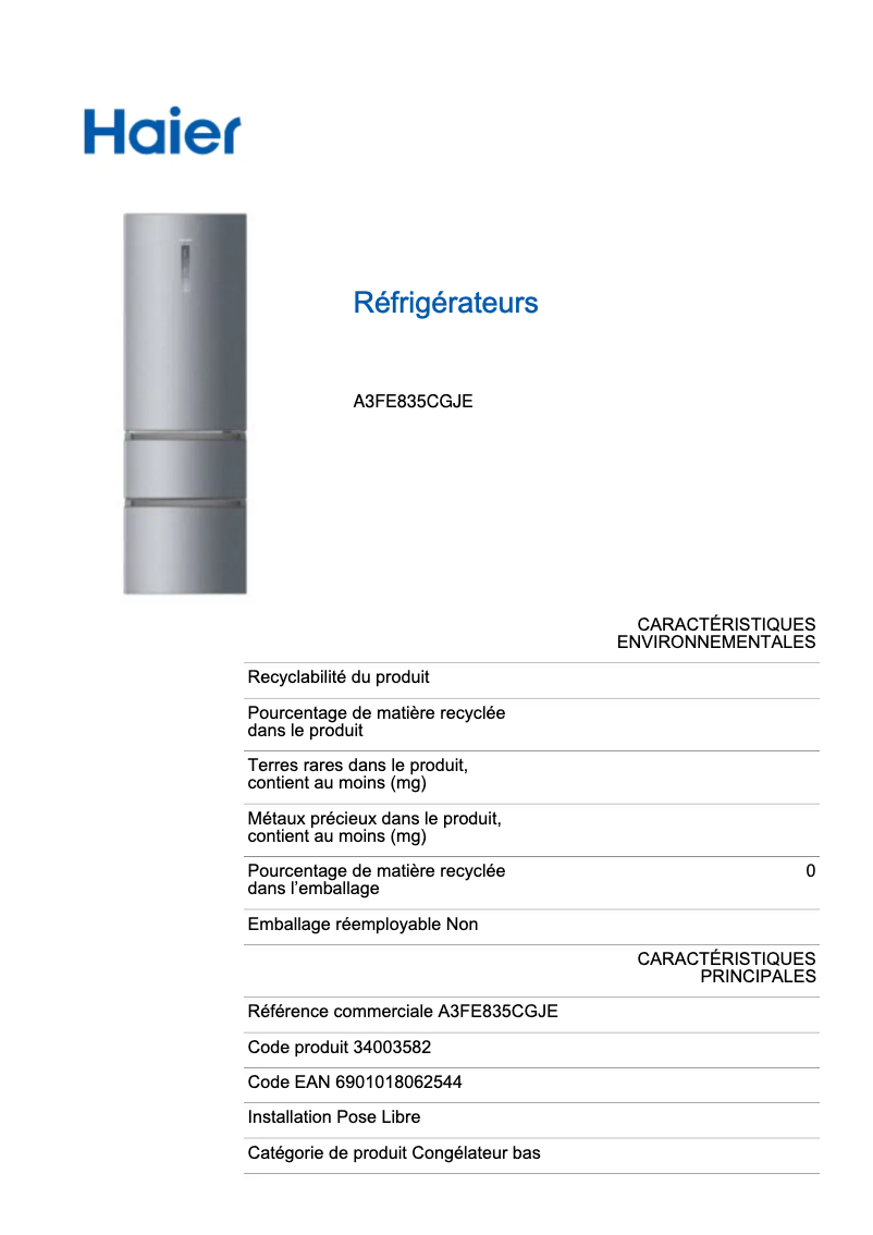 Page n°1 - Label énergétique Haier A3FE835CGJE