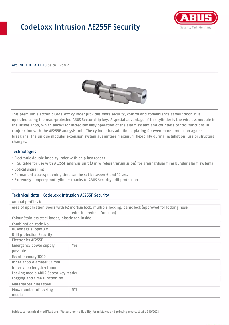 Page 1 de la notice Fiche technique Abus CLX-LA-EF-10