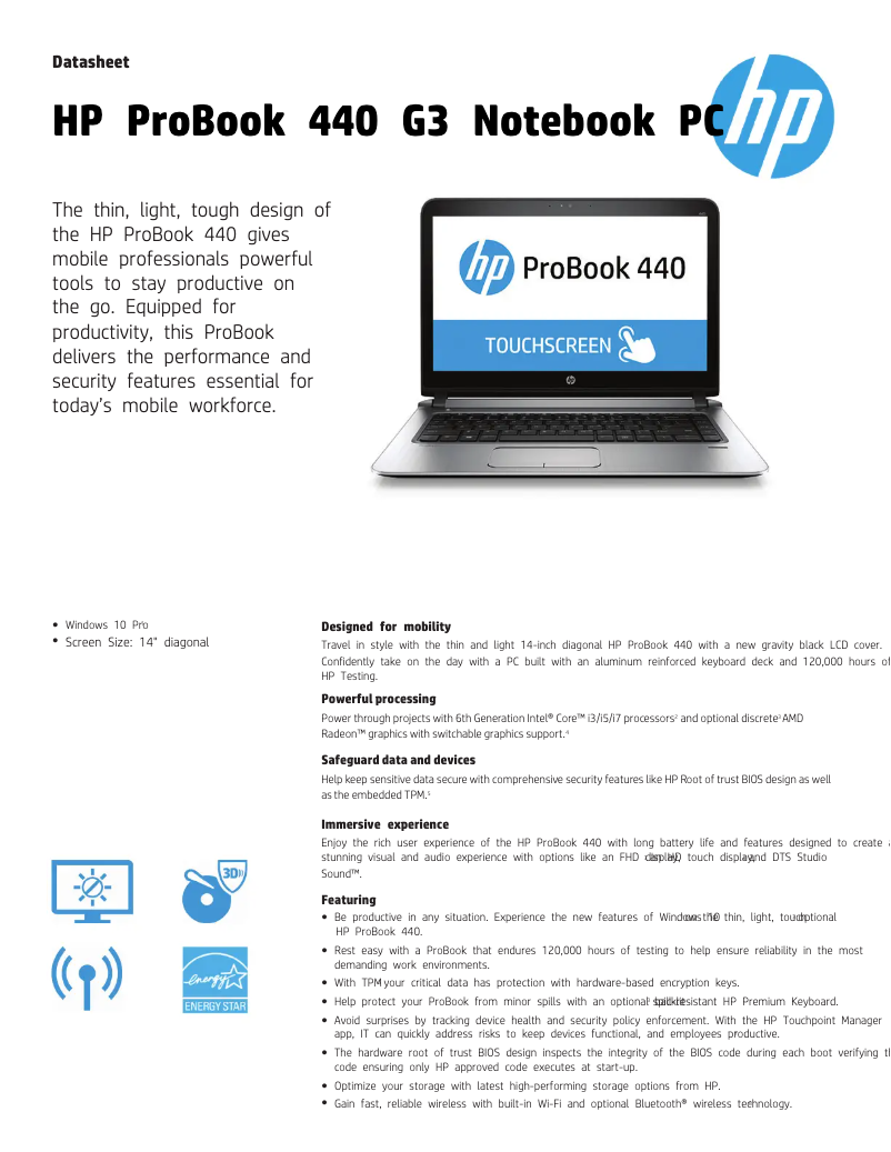 Page 1 de la notice Fiche technique HP ProBook 440 G3