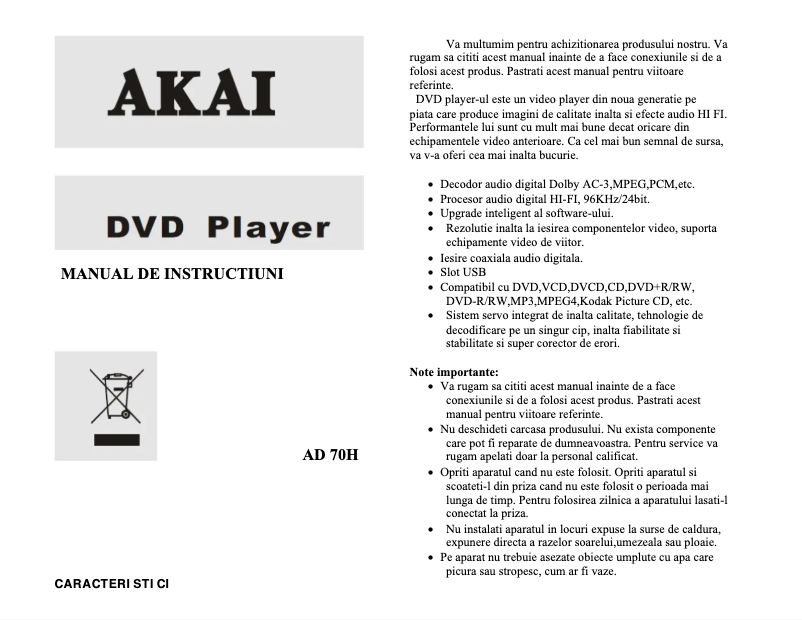 Page 1 de la notice Manuel utilisateur AKAI AD70H
