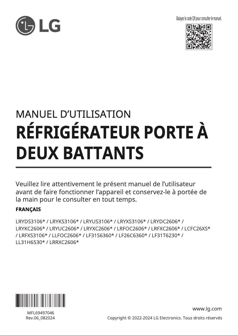 Page 1 de la notice Manuel utilisateur LG LRYXC2606D