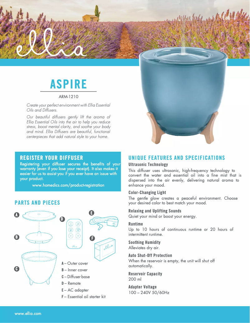 Page 1 of the manual User Manual Homedics Ellia Aspire ARM-1210