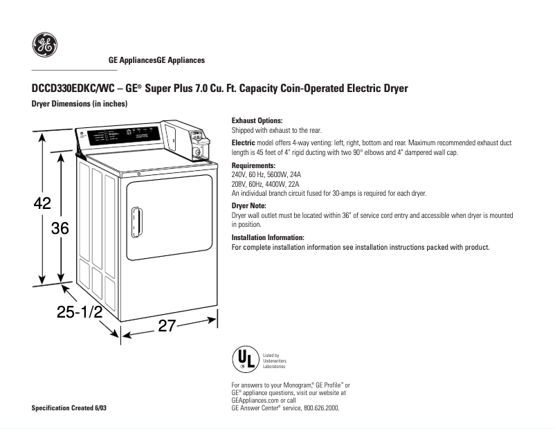 Page 1 de la notice Fiche technique GE DCCD330EDWC