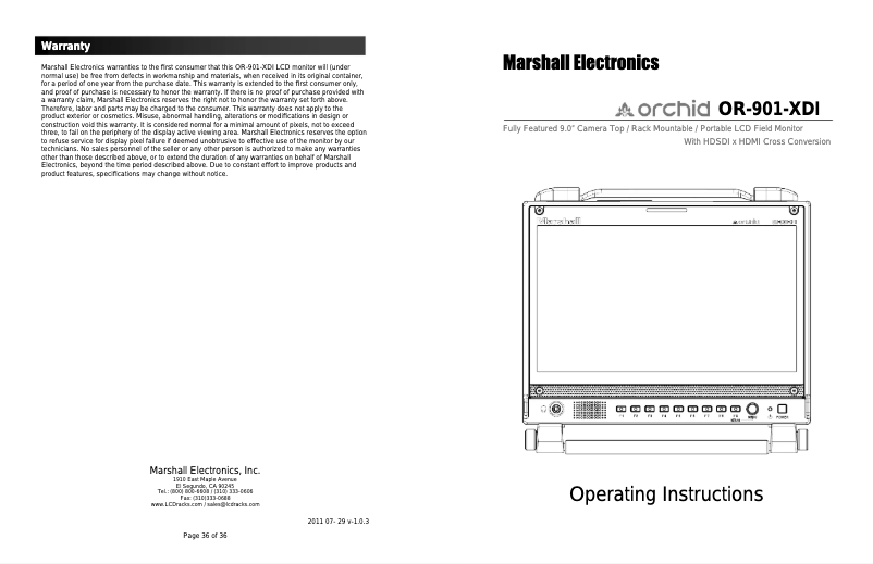 Page 1 de la notice Manuel utilisateur Marshall Orchid OR-901-XDI