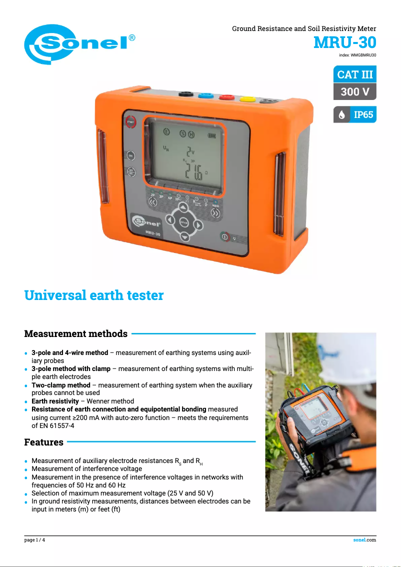 Page 1 de la notice Fiche technique Sonel MRU-30