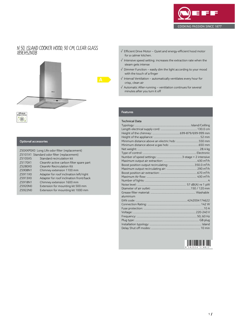 Page 1 de la notice Fiche technique Neff I89EH52N0B