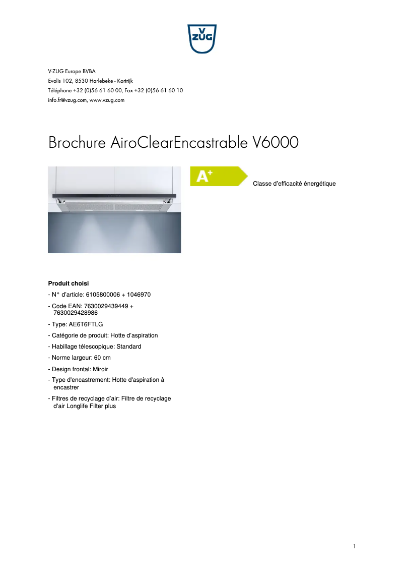 Page 1 de la notice Brochure V-Zug AiroClearEncastrable V6000