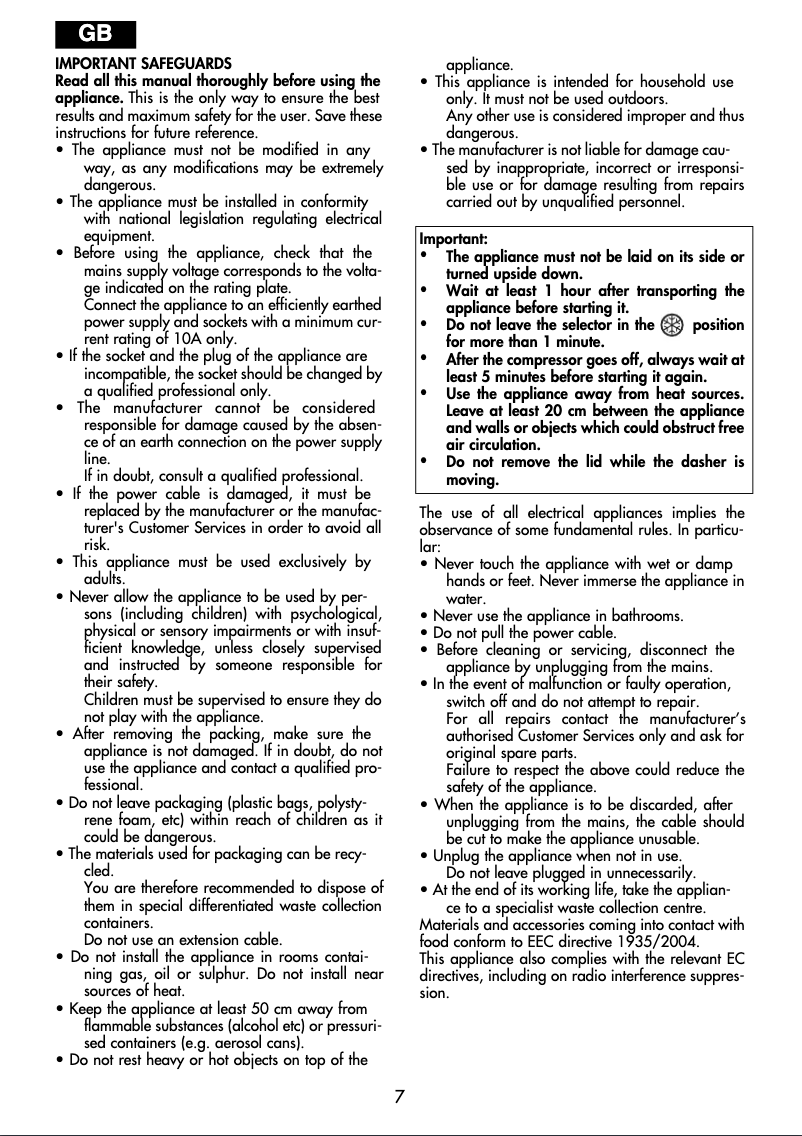 Page n°1 - Manuel utilisateur DeLonghi II Gelataio ICK 6000