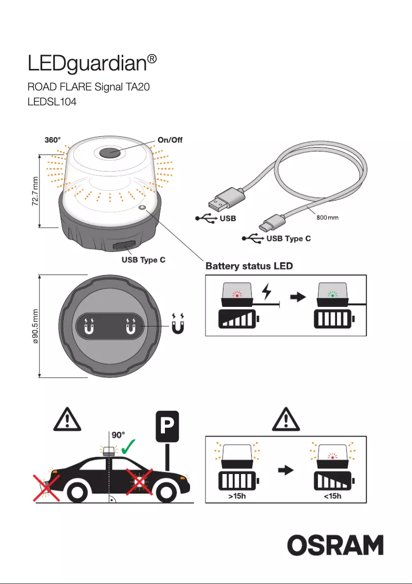 Page 1 de la notice Instructions / montage Osram LEDguardian ROAD FLARE Signal TA20