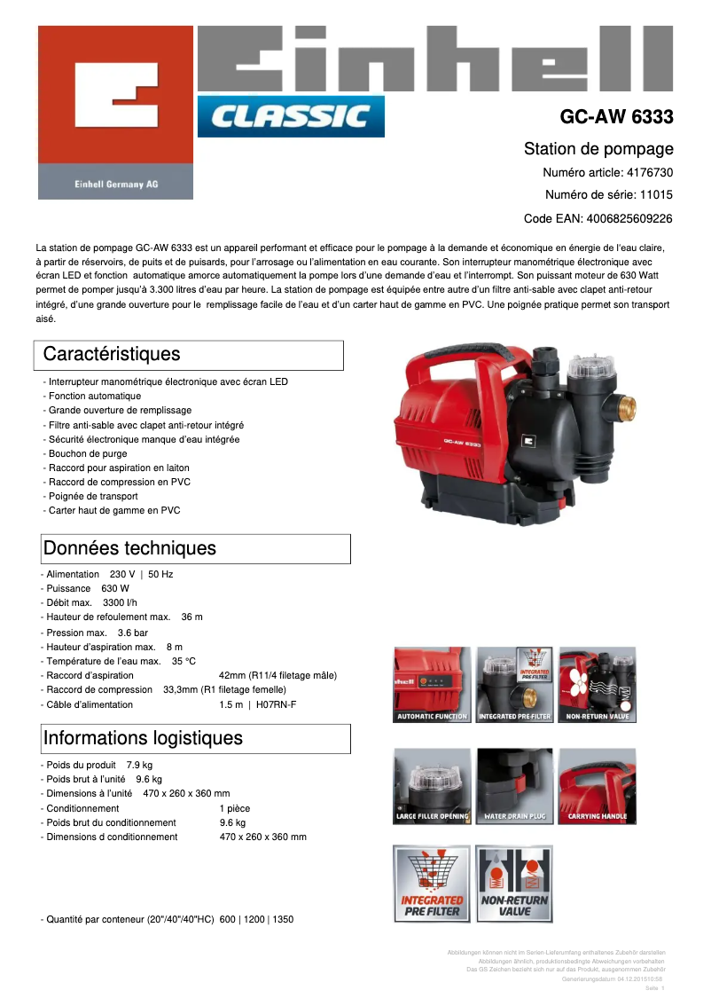 Page n°1 - Fiche technique Einhell GC-AW 6333