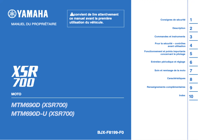Page 1 de la notice Manuel utilisateur Yamaha XSR700 XTribute (2021)