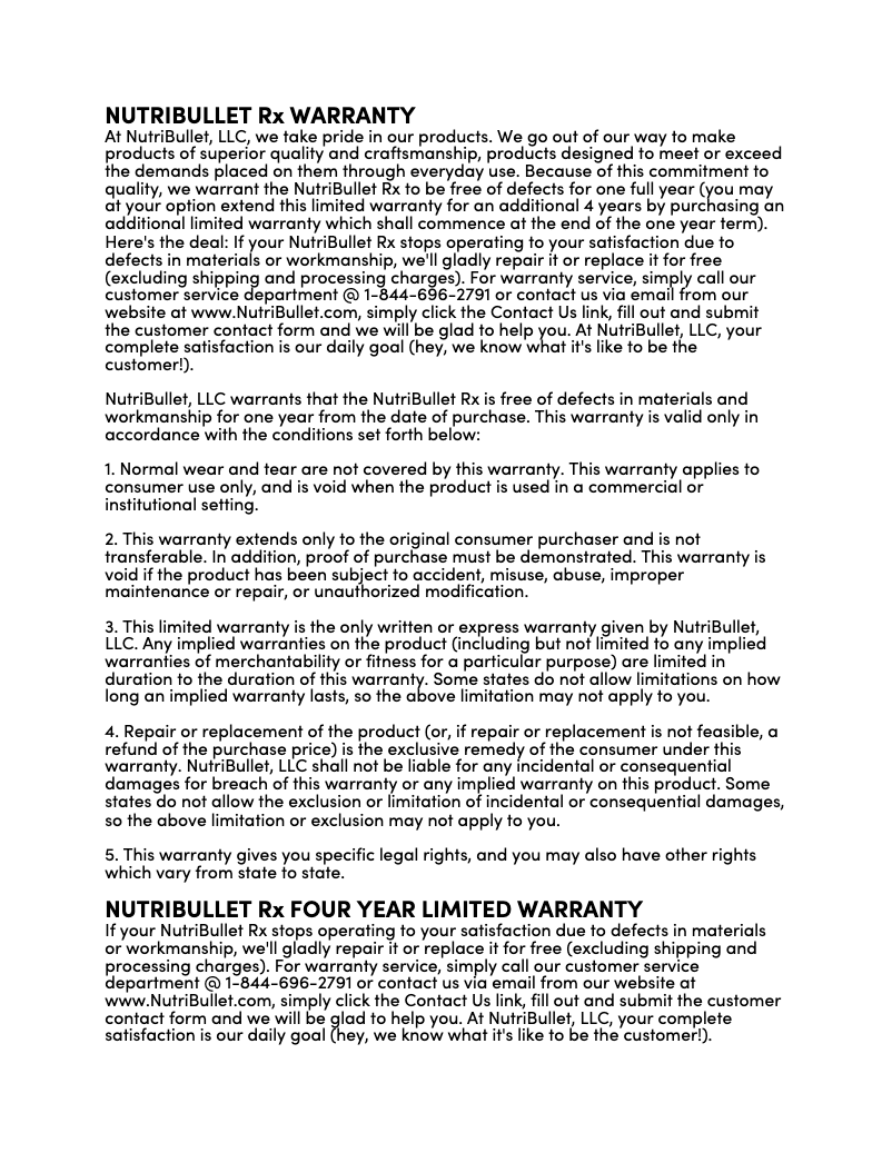 Page 1 de la notice Informations de garantie NutriBullet RX 1700