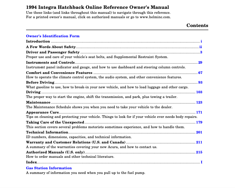 Page 1 de la notice Manuel utilisateur Acura Integra (1994)