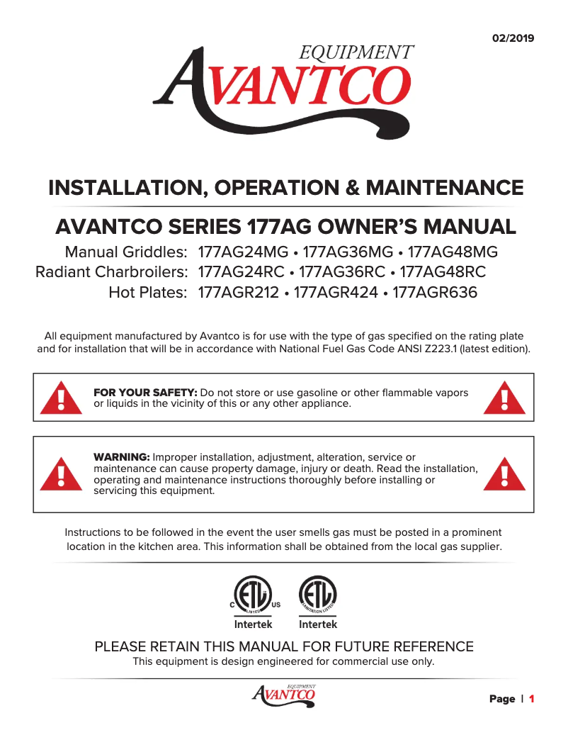 Page n°1 - Manuel utilisateur Avantco AG36RC