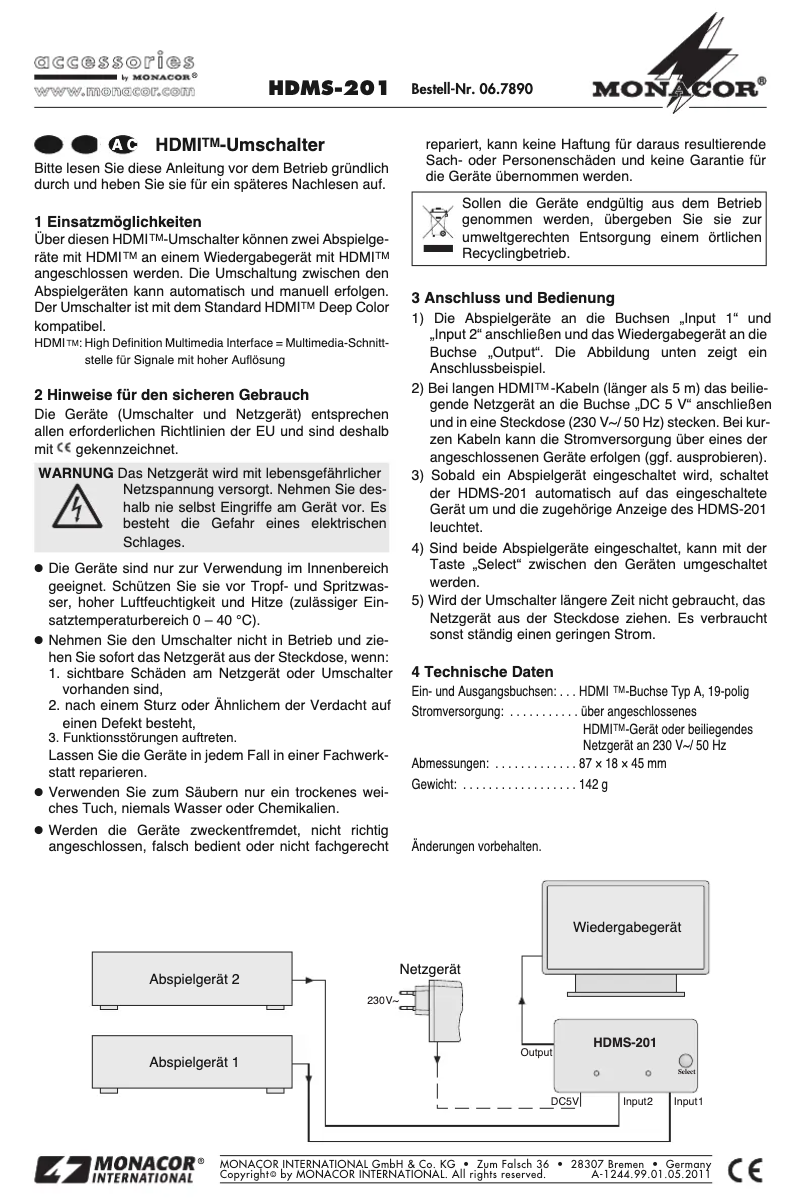Page n°1 - Manuel utilisateur Monacor HDMS-201