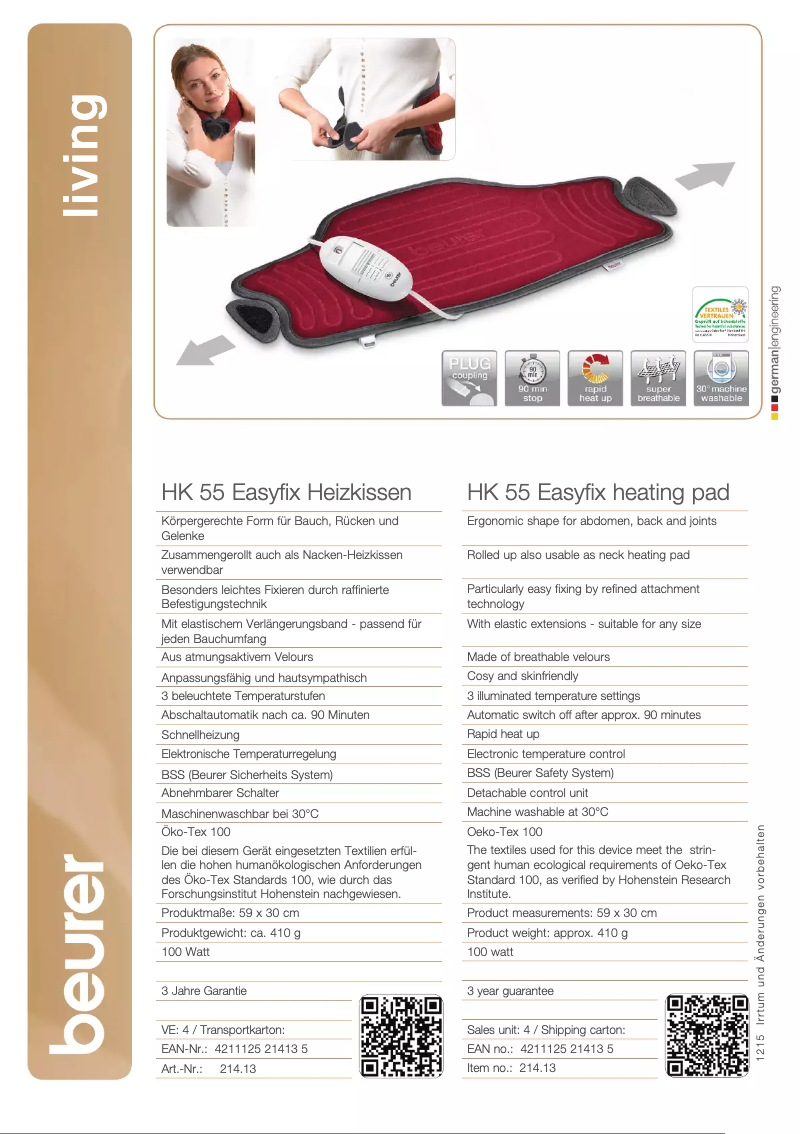 Page 1 de la notice Fiche technique Beurer HK 55 Easyﬁx