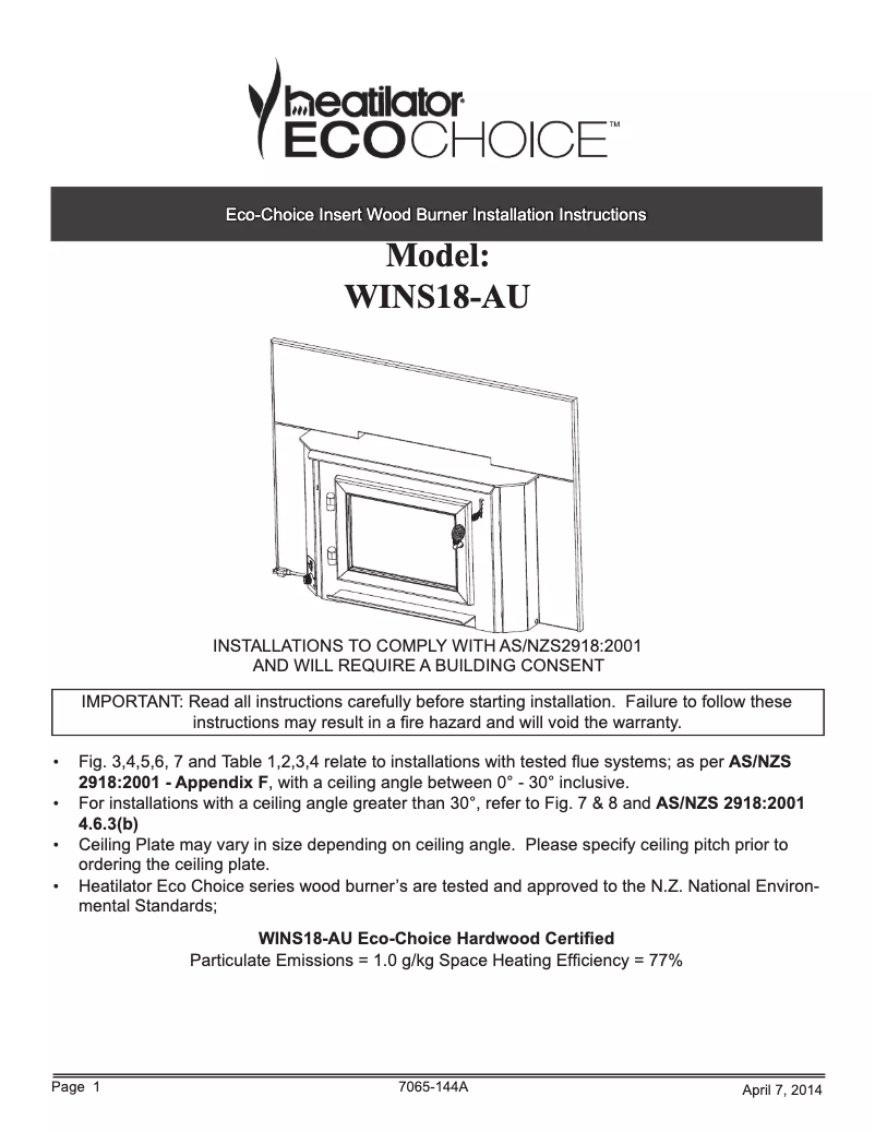 Page 1 de la notice Manuel utilisateur Quadra-Fire WINS18-AU