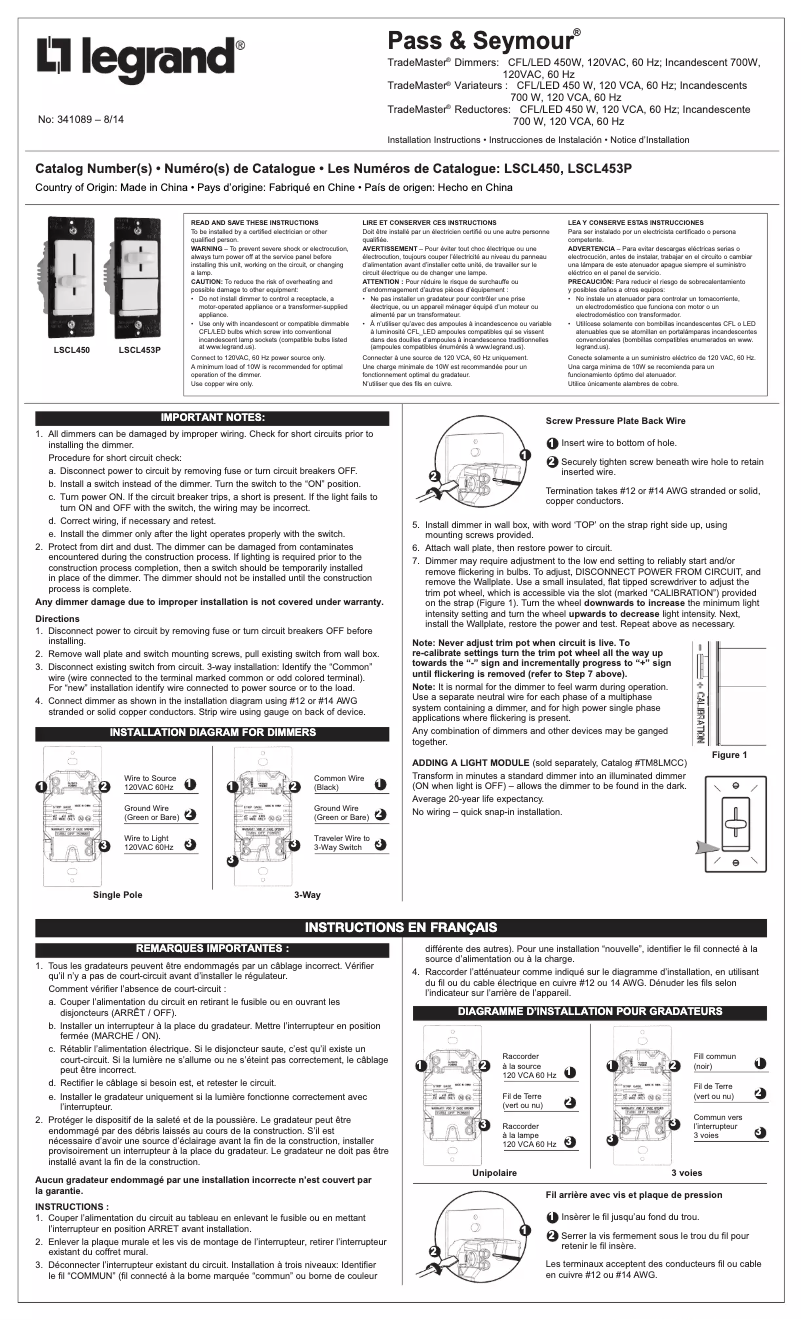 Page 1 de la notice Manuel utilisateur Legrand LSCL453PLA