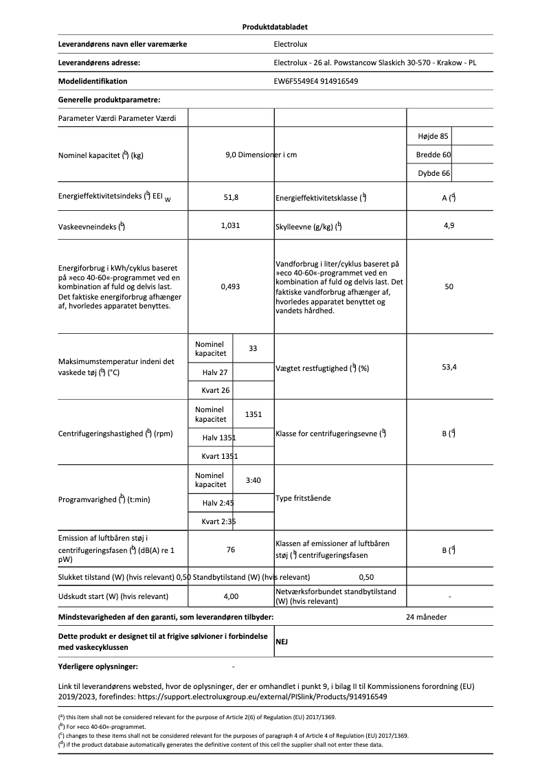Page 1 de la notice Fiche technique Electrolux EW6F5549E4