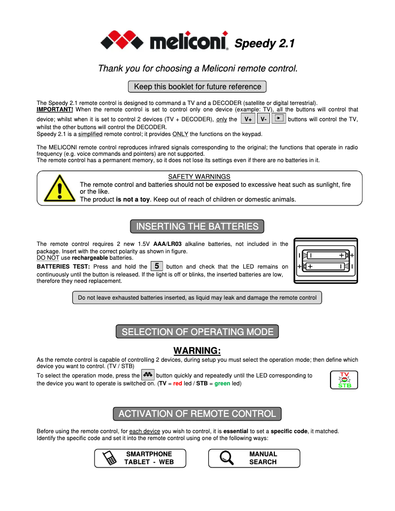 Page 1 de la notice Manuel utilisateur Meliconi Speedy 2.1