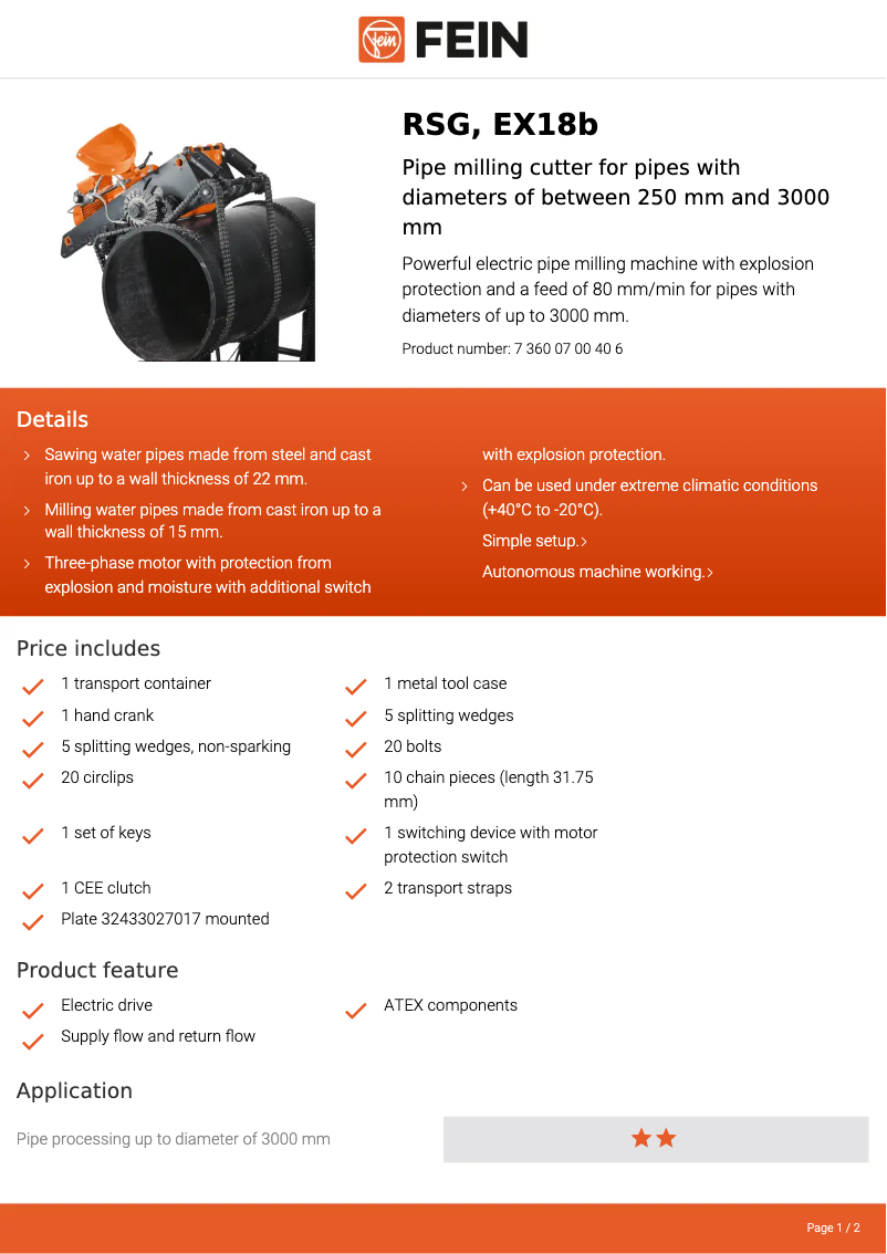 Page 1 de la notice Fiche technique Fein RSG EX18b