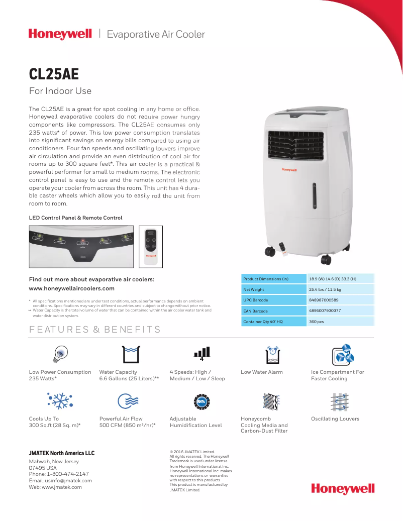 Page 1 de la notice Fiche technique Honeywell CL25AE