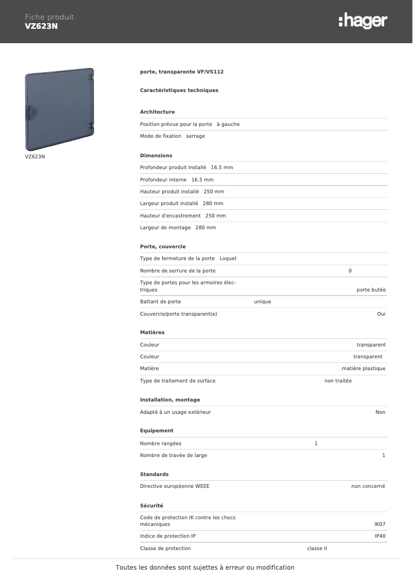 Page 1 de la notice Fiche technique Hager VZ623N