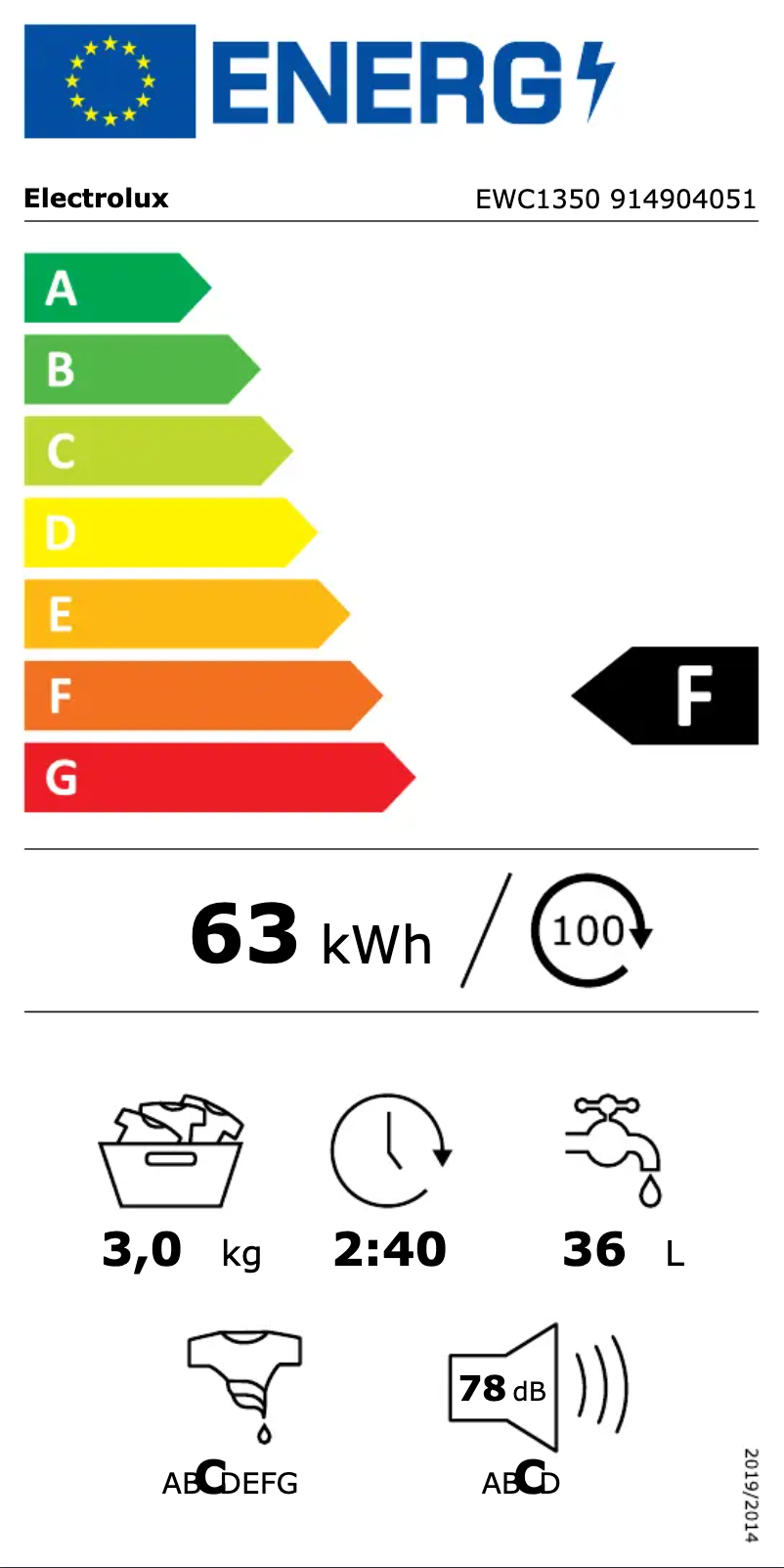Page 1 de la notice Label énergétique Electrolux EWC 1350