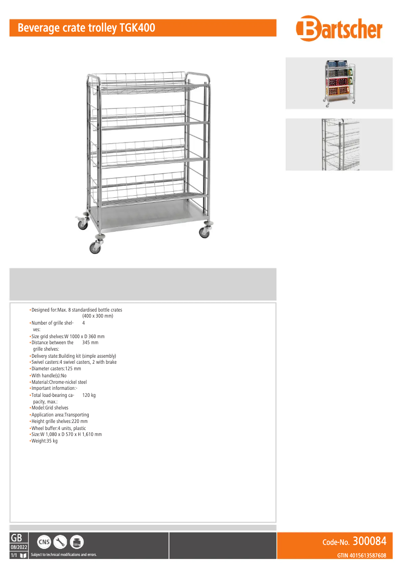 Page n°1 - Fiche technique Bartscher TGK400