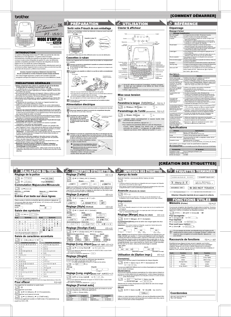 Page 1 de la notice Manuel utilisateur Brother PT-1880