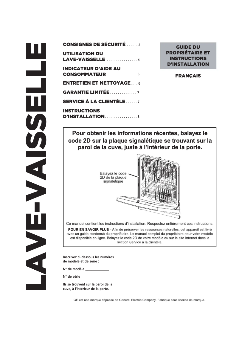 Page 1 de la notice Guide d'installation Monogram UBT410SSVSS