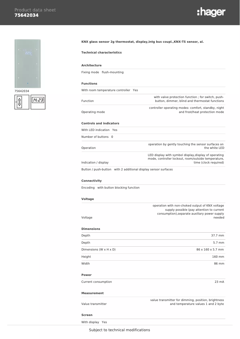 Page n°1 - Fiche technique Hager 75642034