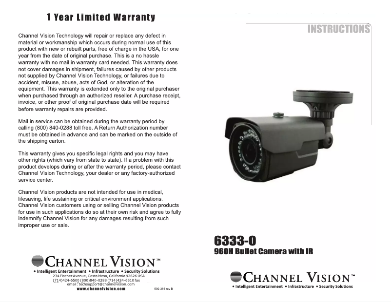 Page n°1 - Manuel utilisateur Channel Vision 6333-O